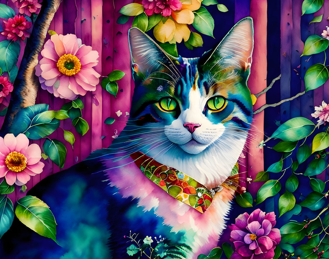 Colorful Cat Artwork with Floral Pattern and Botanical Background