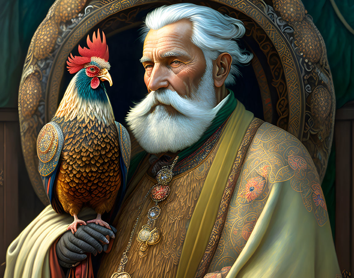 Elderly Man with White Beard Holding Colorful Rooster in Stylized Illustration