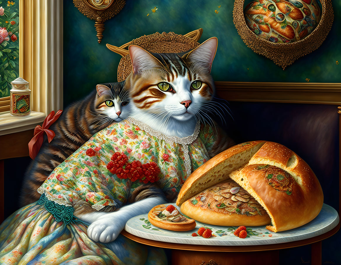 Two Cats in Fancy Attire with Decorative Bread and Cookies in Luxurious Room