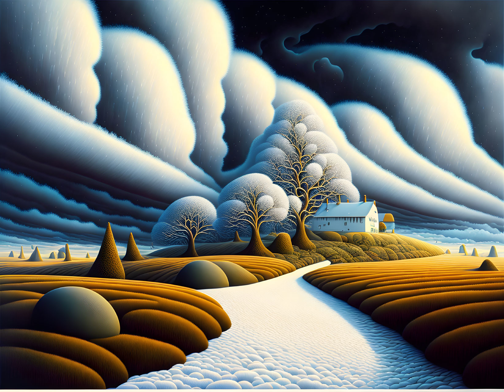 Surreal landscape with curved path, house, unique trees, and stylized clouds