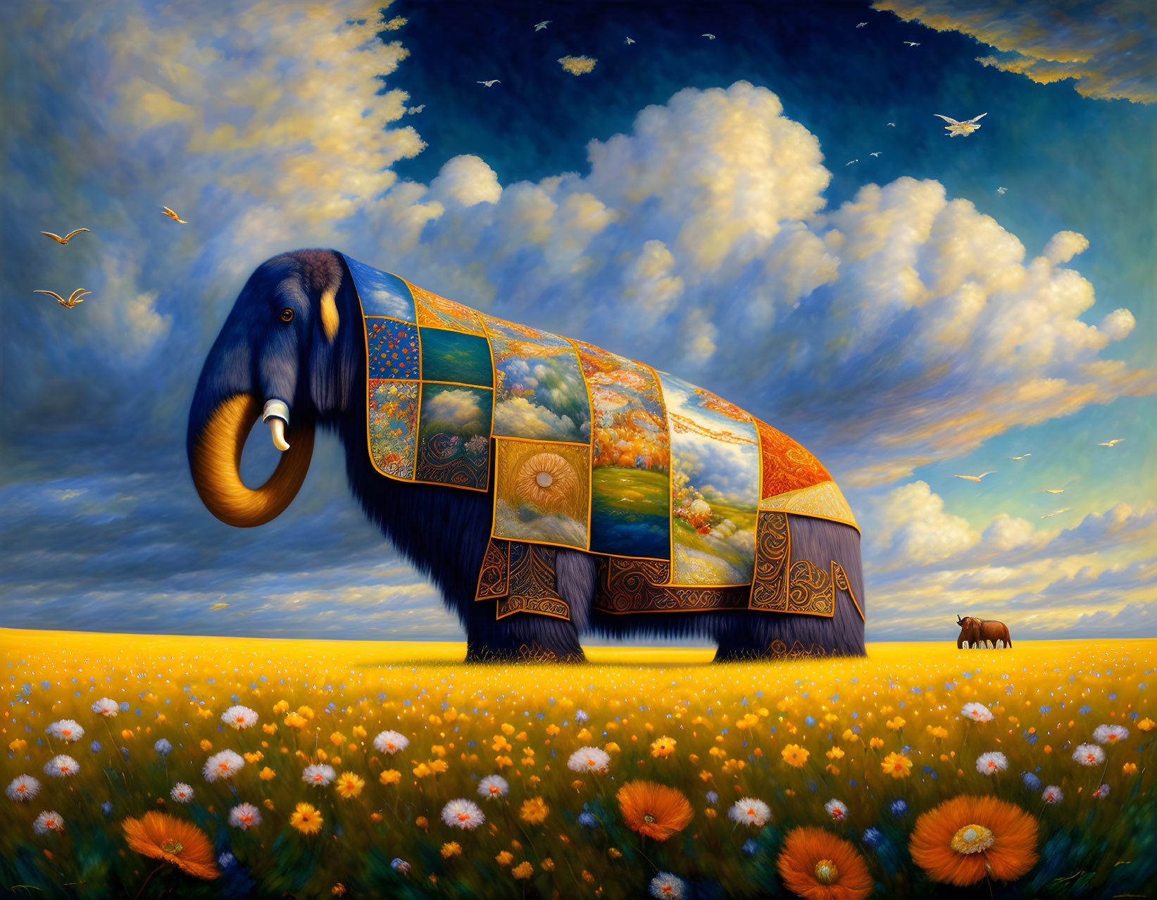 Giant surreal elephant in colorful patchwork, surrounded by yellow flowers and blue sky