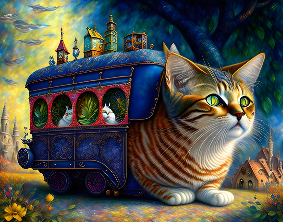 Colorful surreal artwork: Giant tabby cat carries ornate gypsy wagon, whimsical landscape with