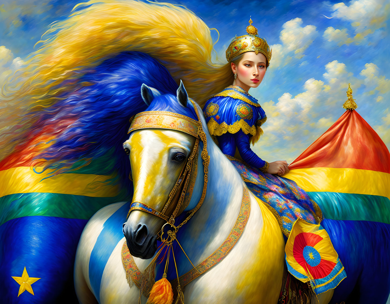 Regal woman in golden crown and blue attire rides white horse under vibrant sky.