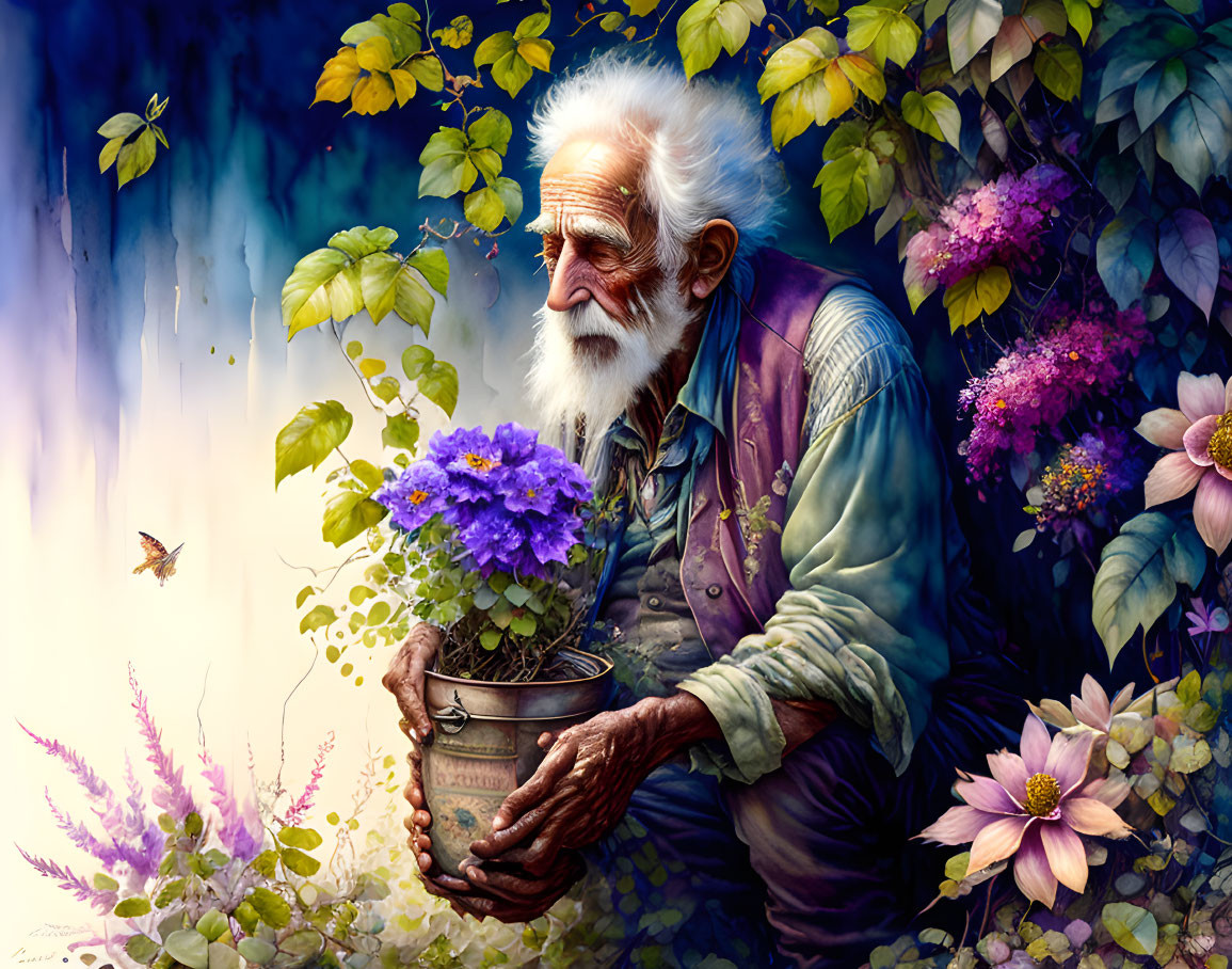 Elderly Man with White Beard Holding Pot of Purple Flowers in Serene Garden