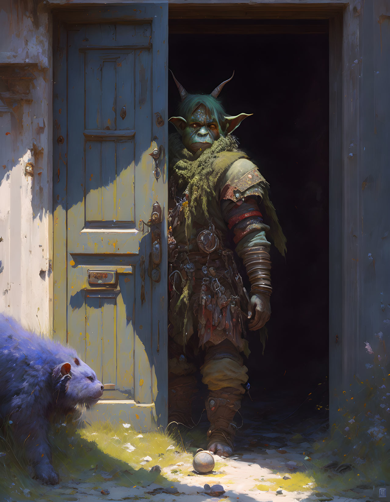 Green-skinned orc in armor and cape with blue-furred rodent companion.