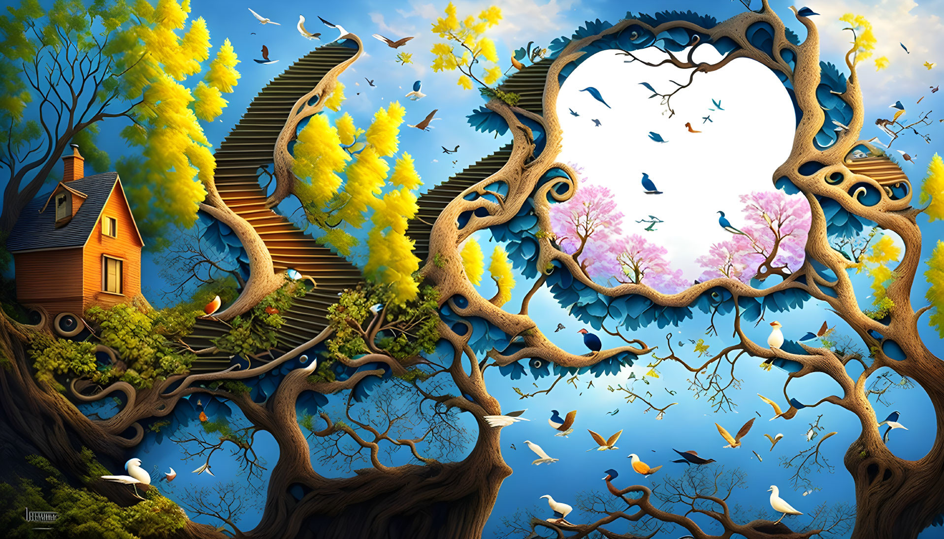 Fantasy landscape digital painting with intertwining trees and vibrant flora