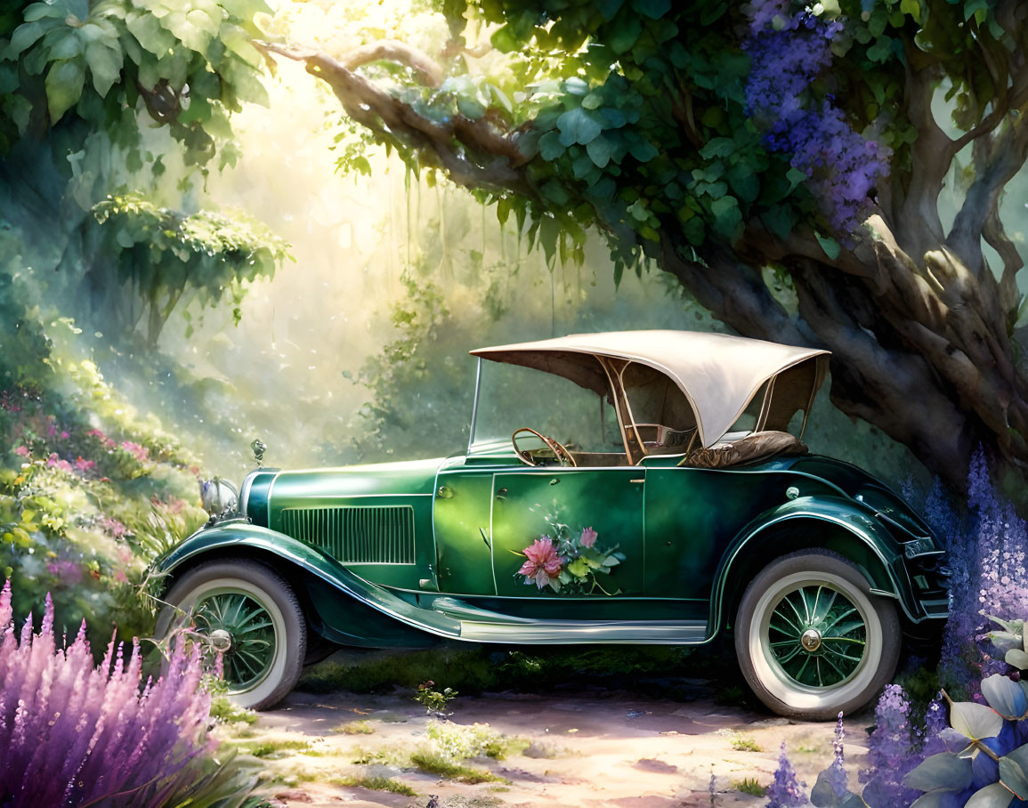 Classic Green Car Parked in Tree Canopy with Purple Flowers