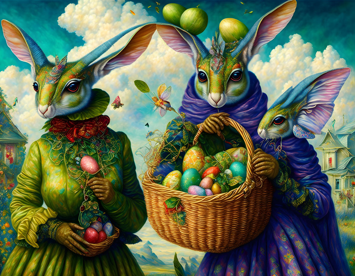 Intricate fantasy artwork: anthropomorphic rabbits with Easter eggs & whimsical scenery