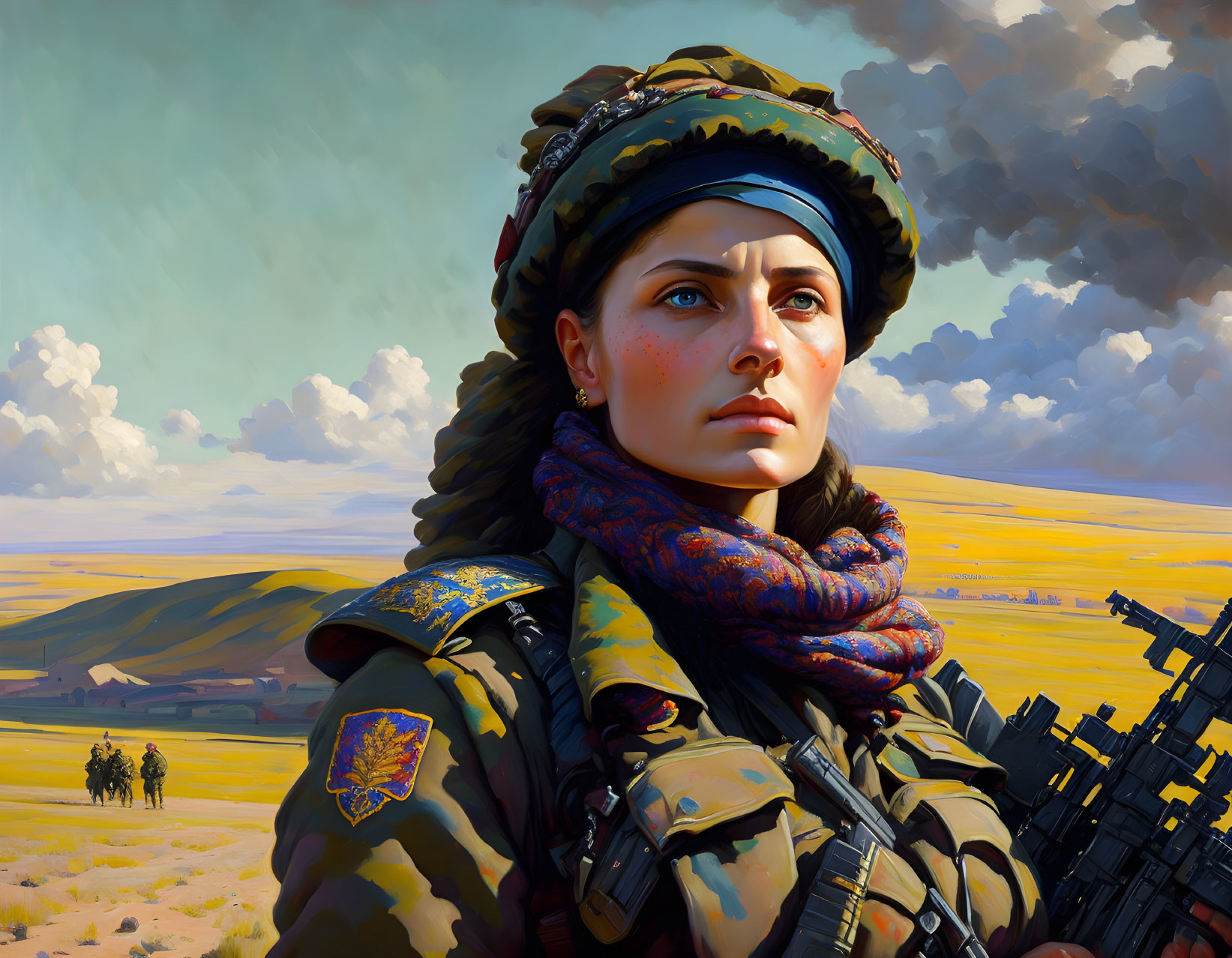 Woman in Military Attire with Scarf in Golden Field Setting