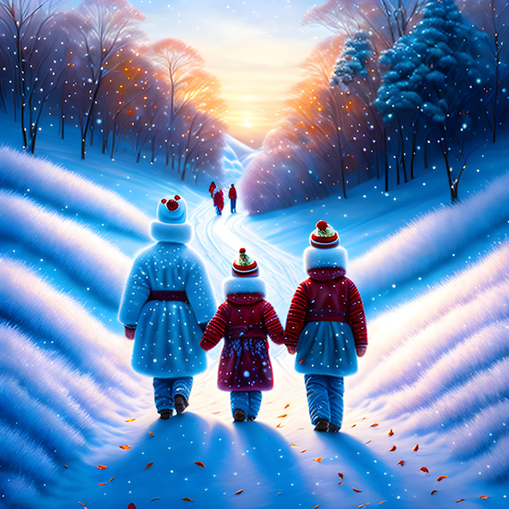 Winter-themed animated figures walking on snow-covered path at sunset