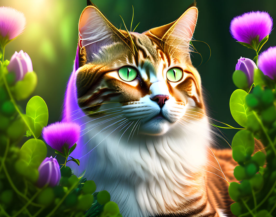 Majestic orange and white cat with green eyes in floral setting