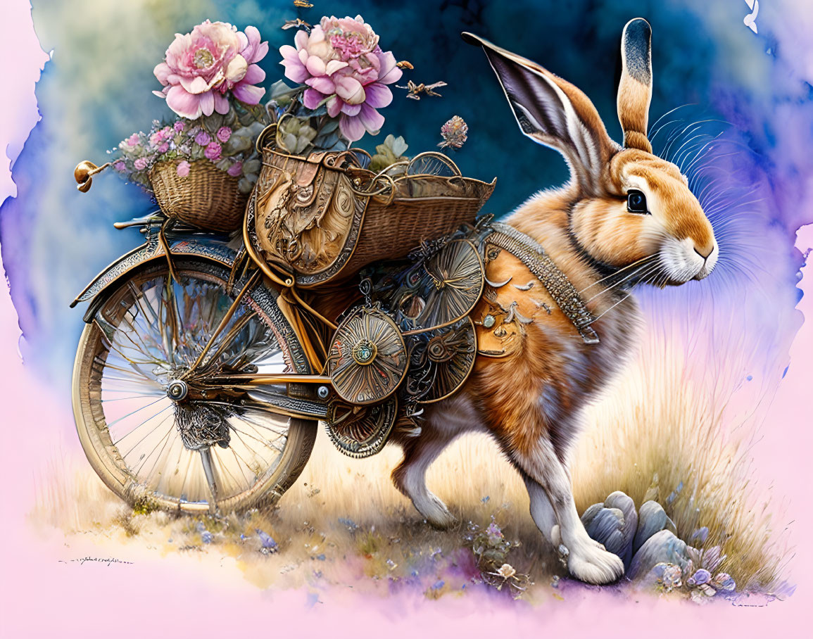 Steampunk-style rabbit illustration with mechanical elements and floral-adorned bicycle