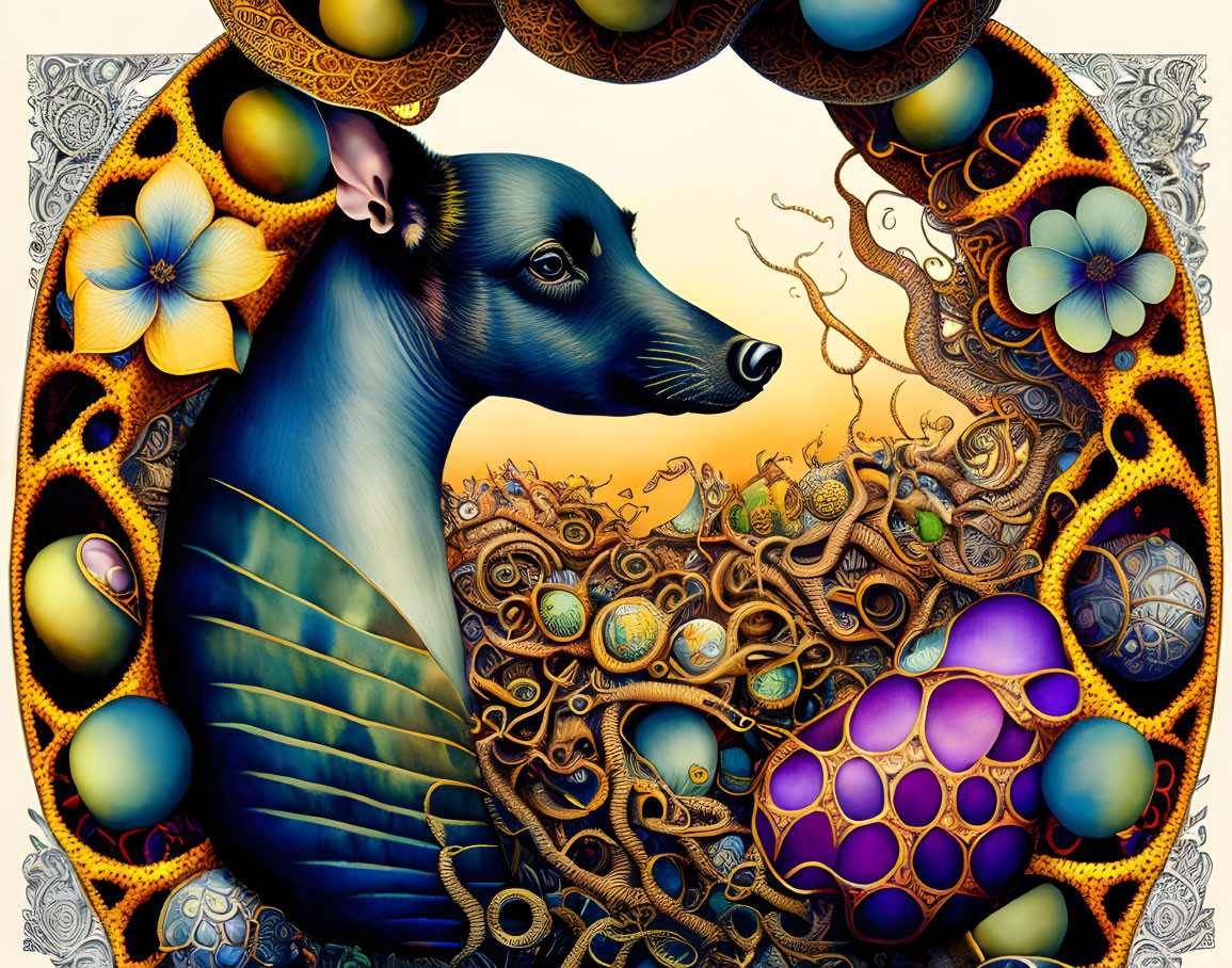 Colorful surreal artwork: Stylized blue dog with intricate patterns on orange backdrop