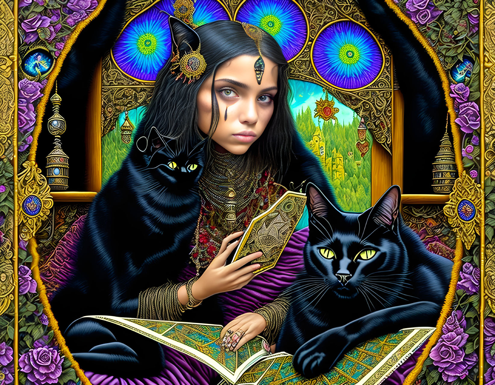 Woman with piercing eyes holding card, flanked by black cats, vibrant peacock feathers backdrop