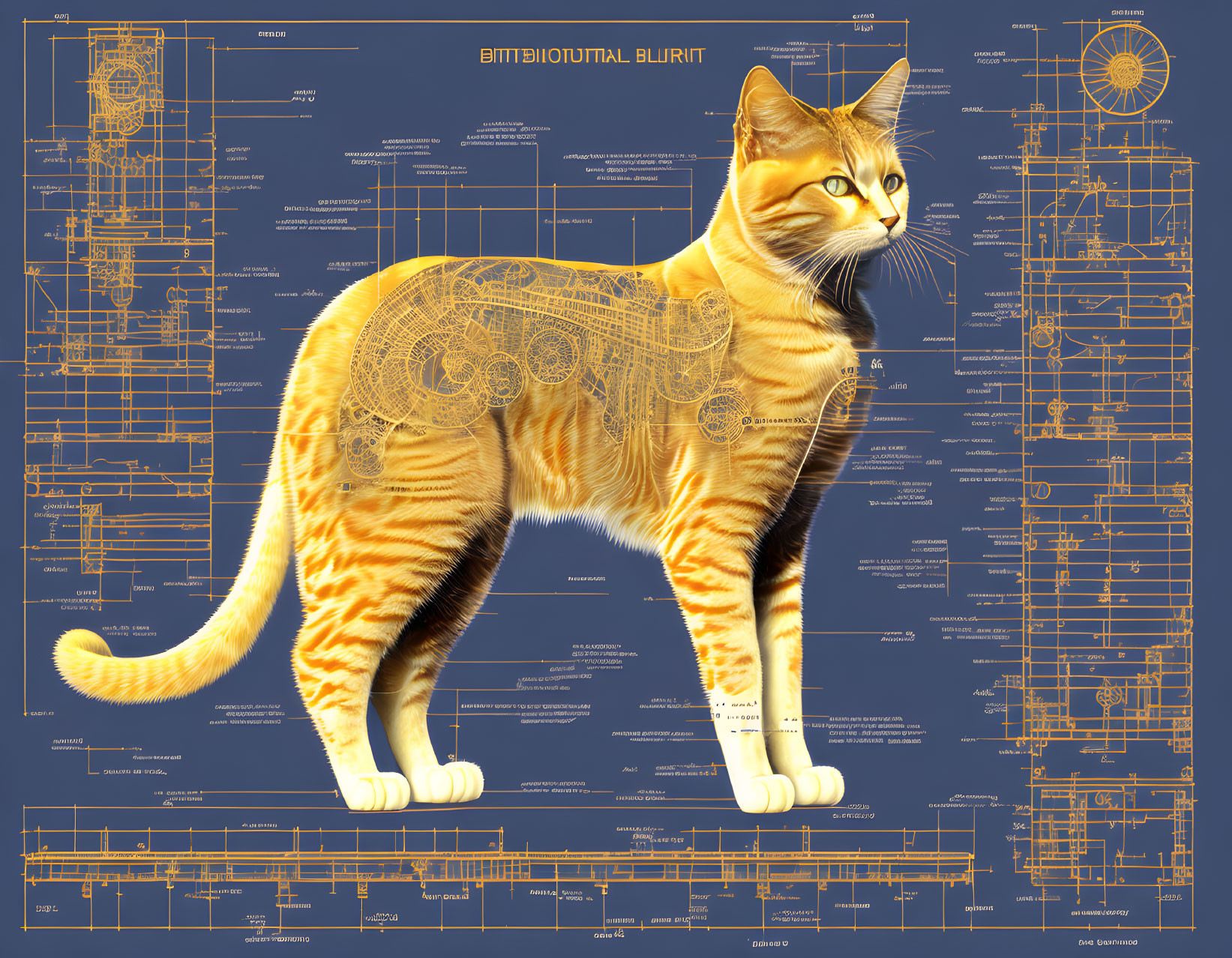 Detailed Cat Anatomy Illustration on Blueprint Background