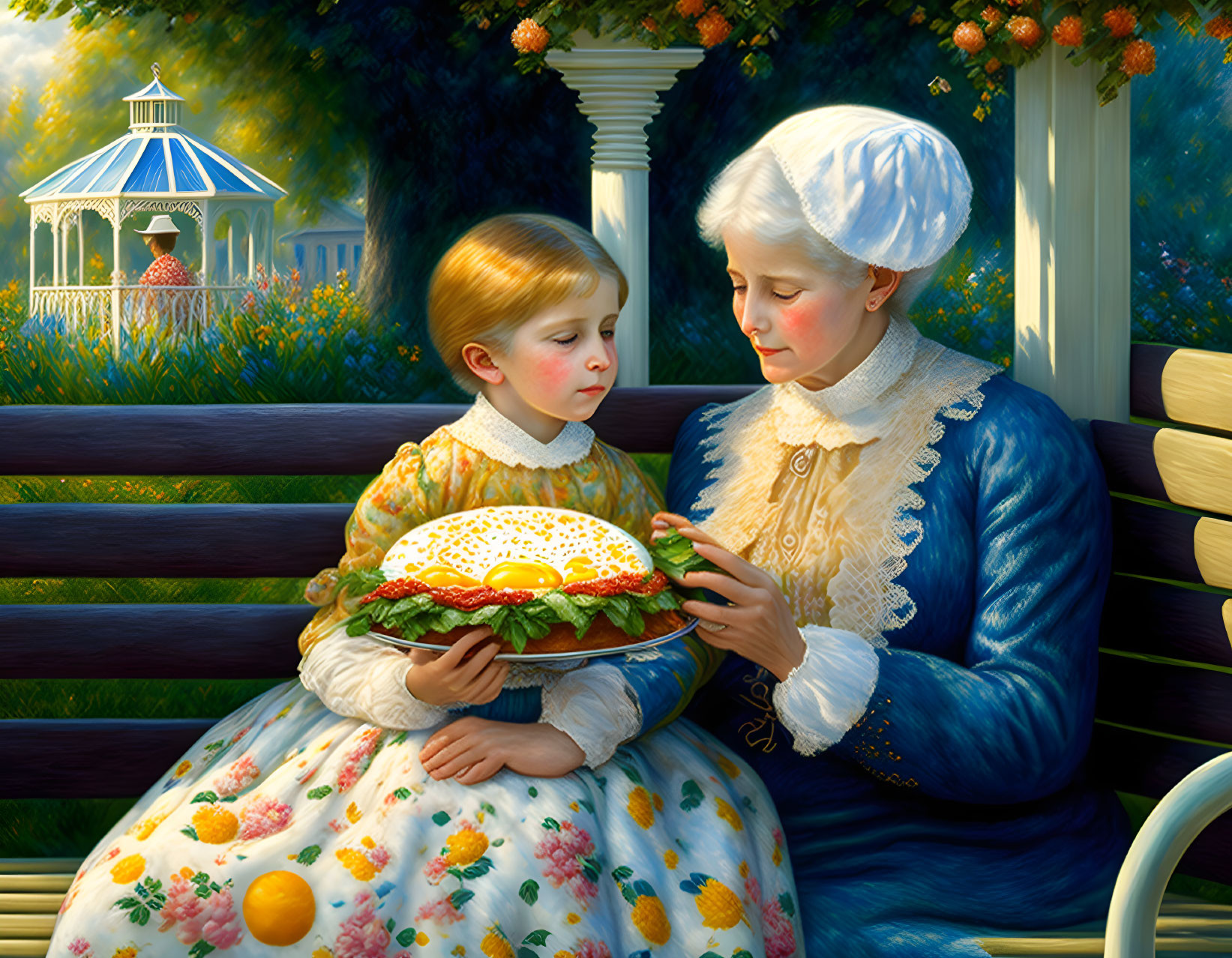 Historical painting of woman and child with colorful cushion and egg