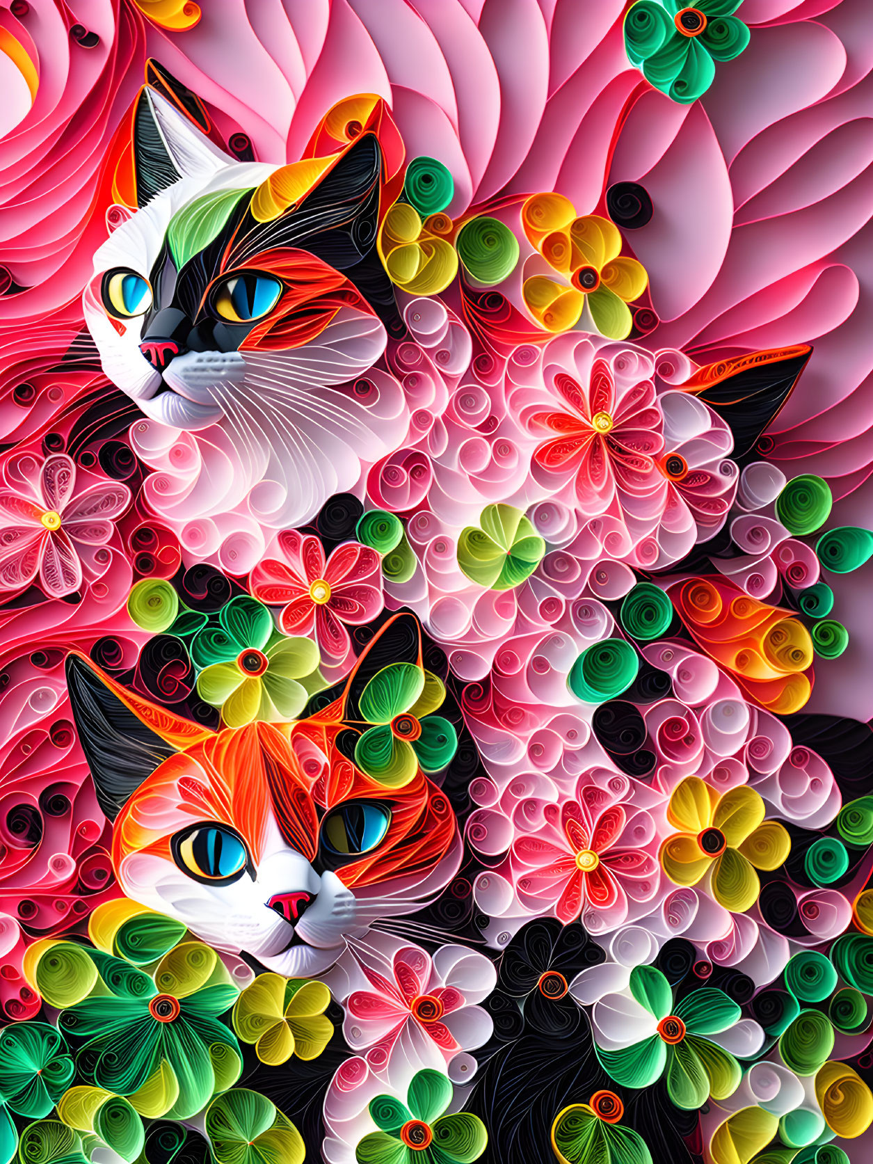 Colorful Paper Quilled Cats with Floral Patterns