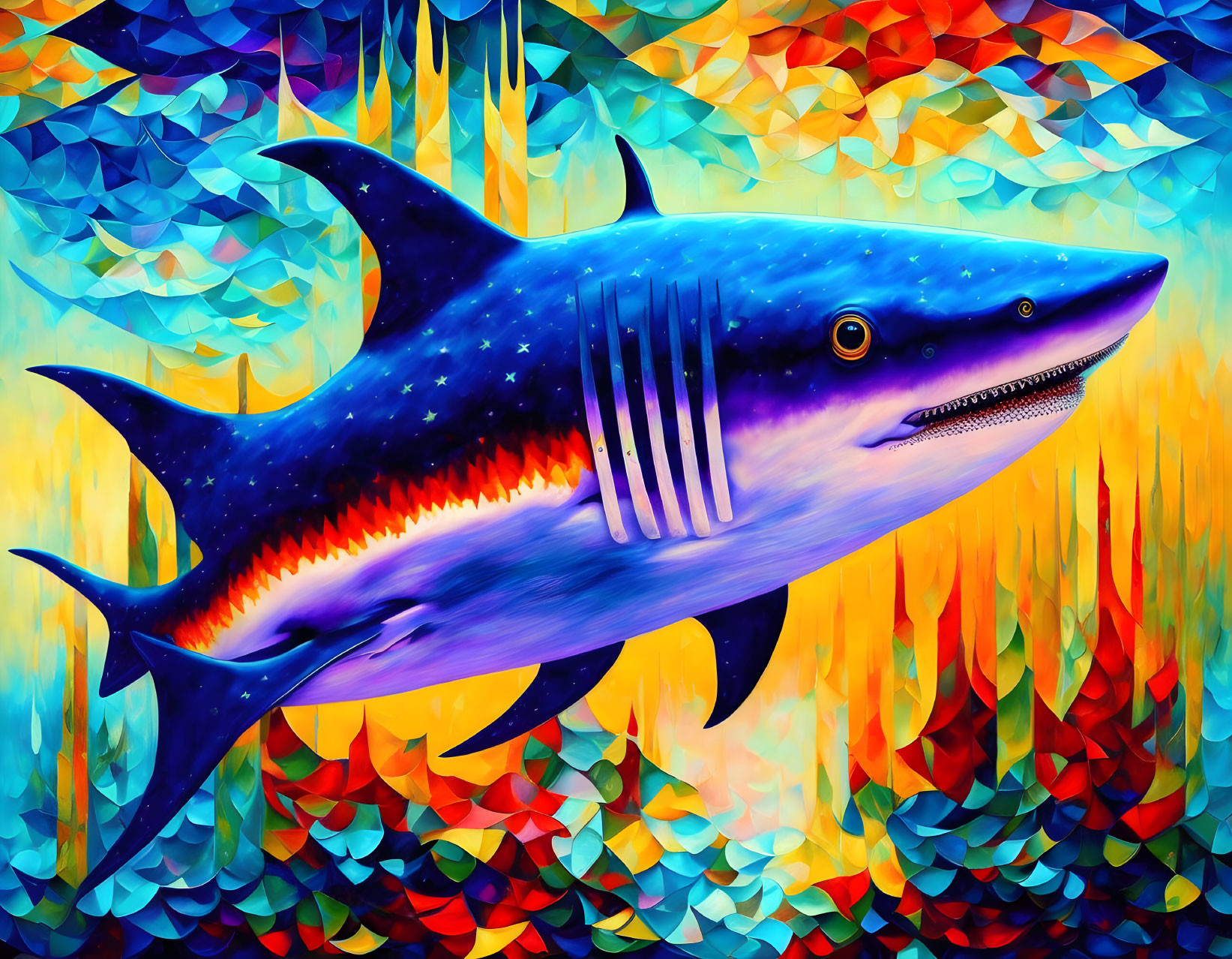 Colorful Shark Digital Illustration with Abstract Mosaic Background