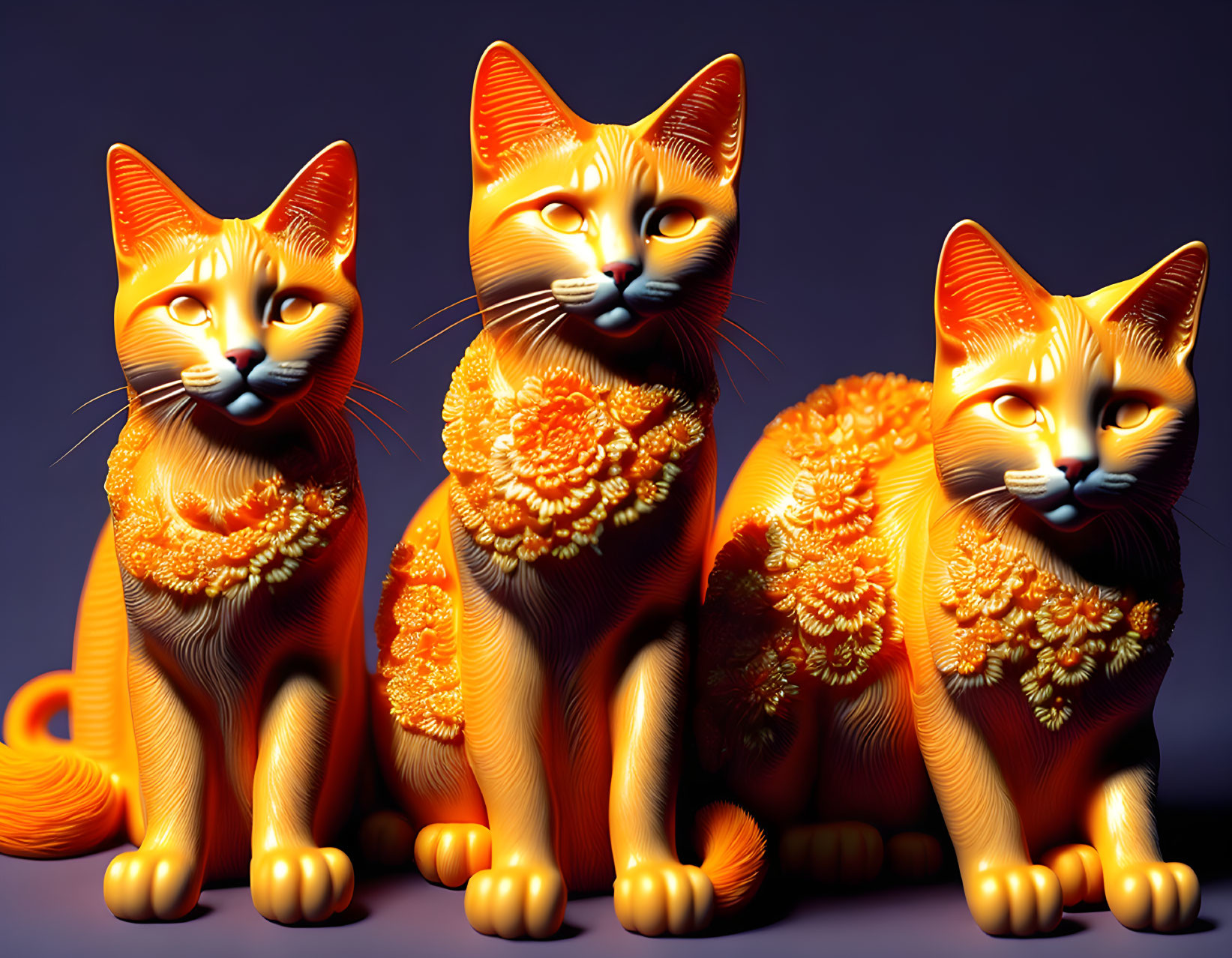 Three Vibrant Orange Stylized Cats on Purple Background