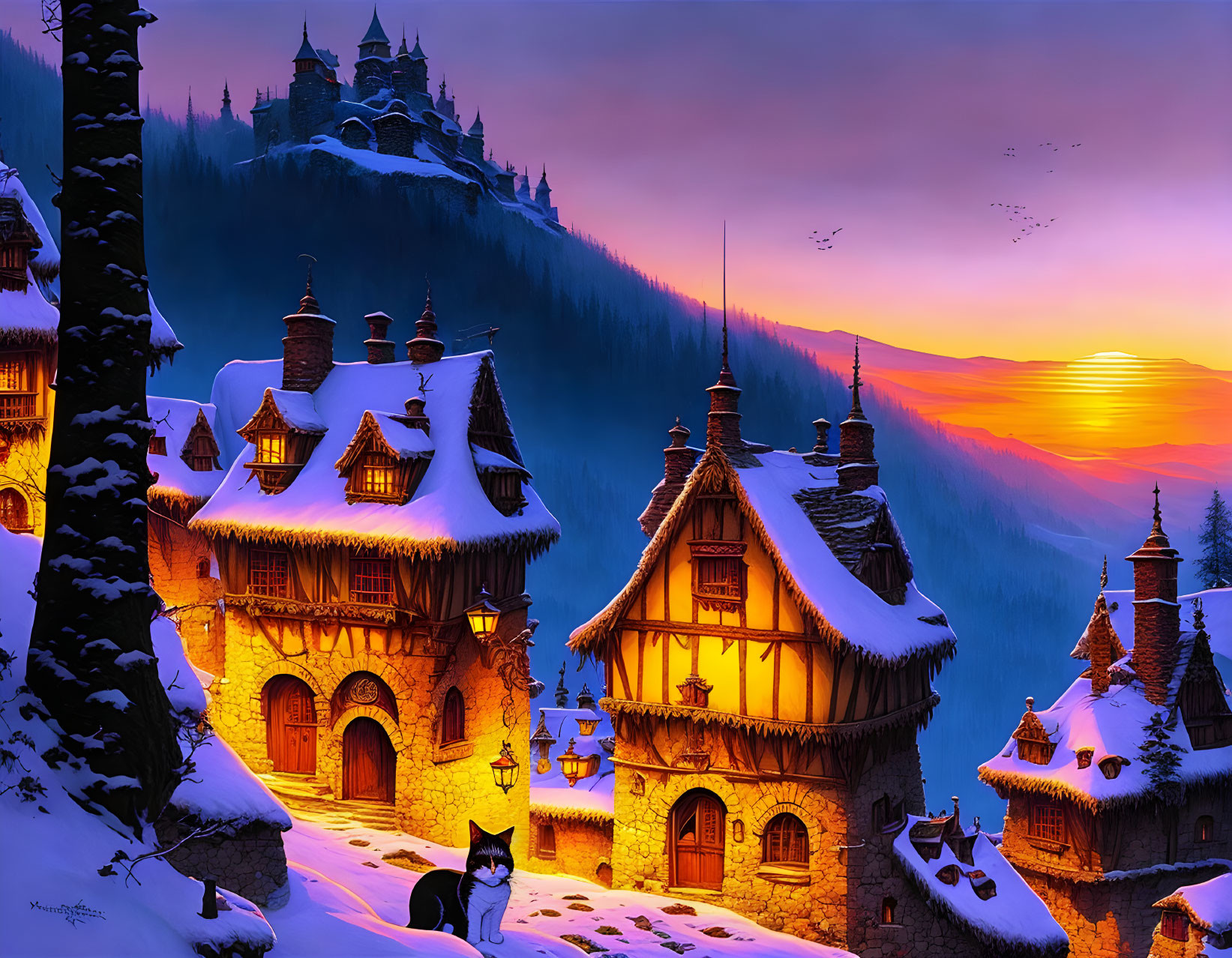 Snow-covered fantasy village with castle, warm lights, and cat at sunset