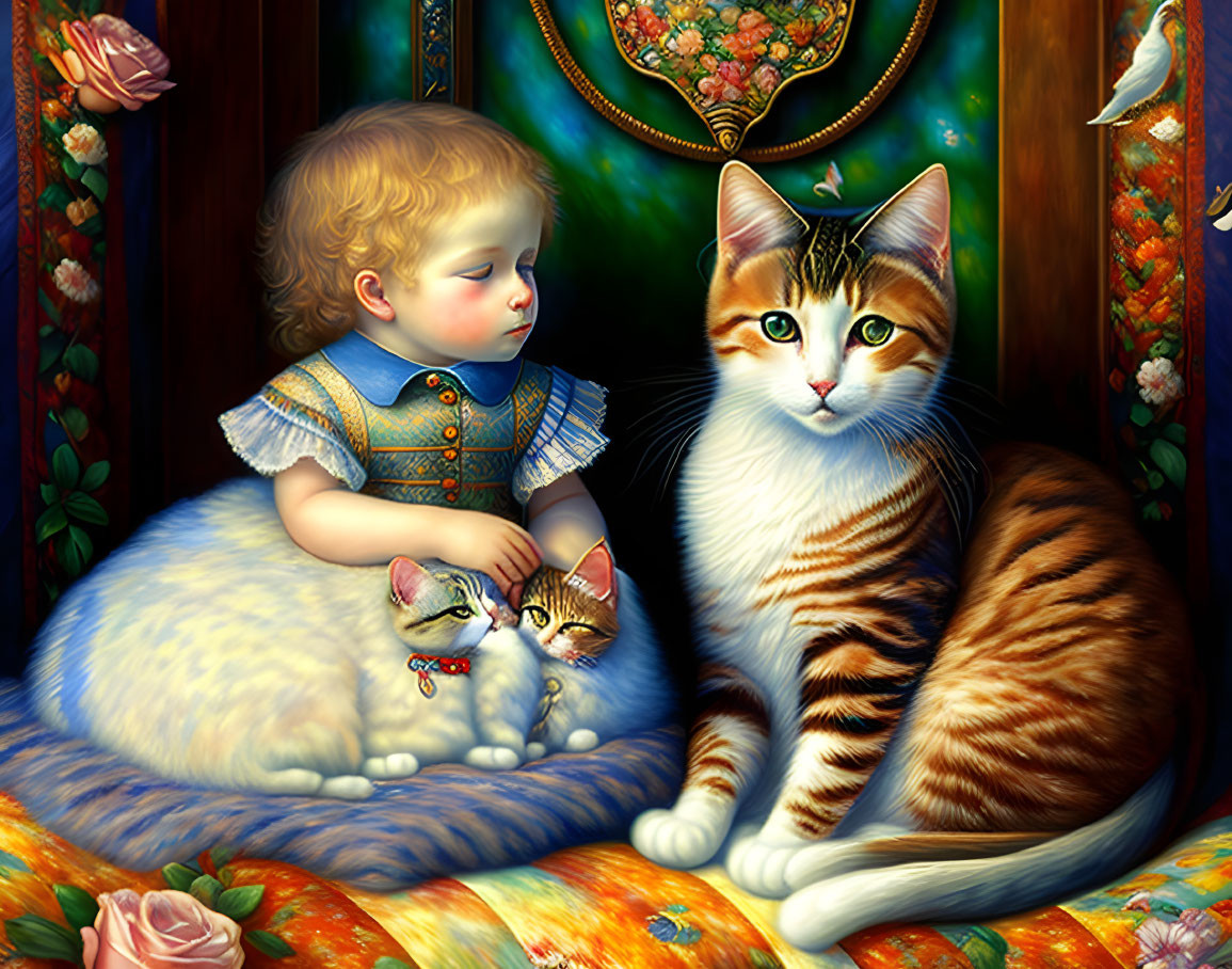 Child touching small kitten with attentive tabby cat in vibrant setting