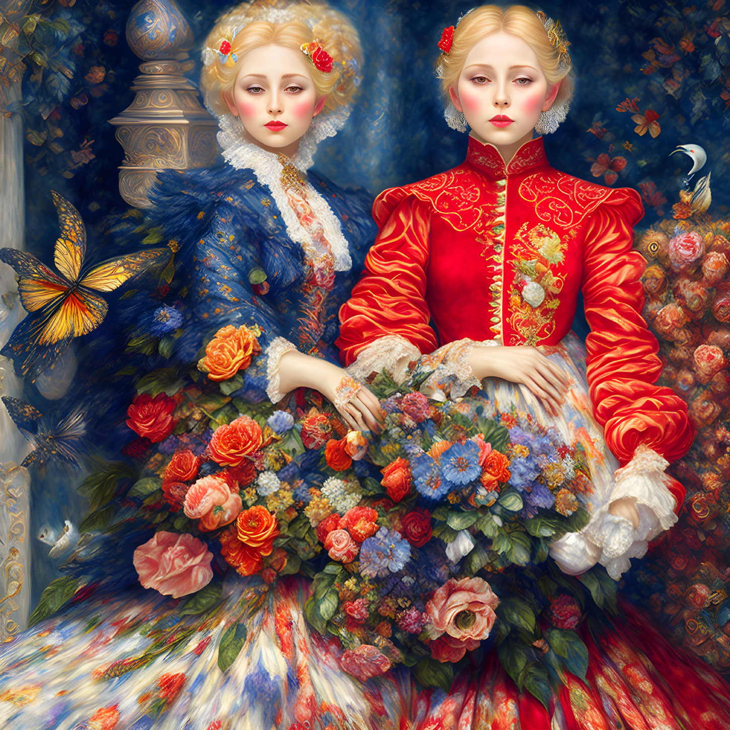 Two Women in Baroque Floral Dresses Surrounded by Flowers and Butterflies