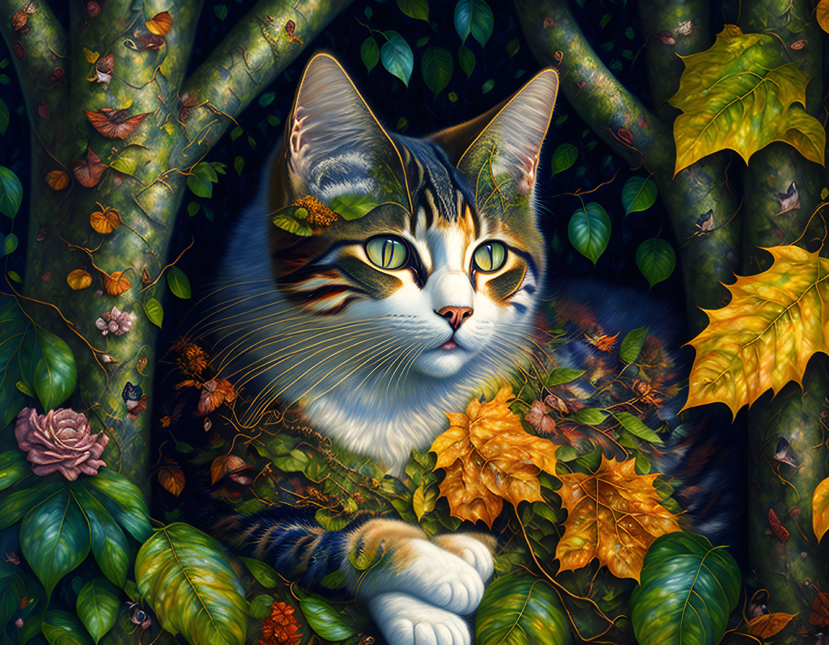 Colorful digital art: Cat in lush foliage