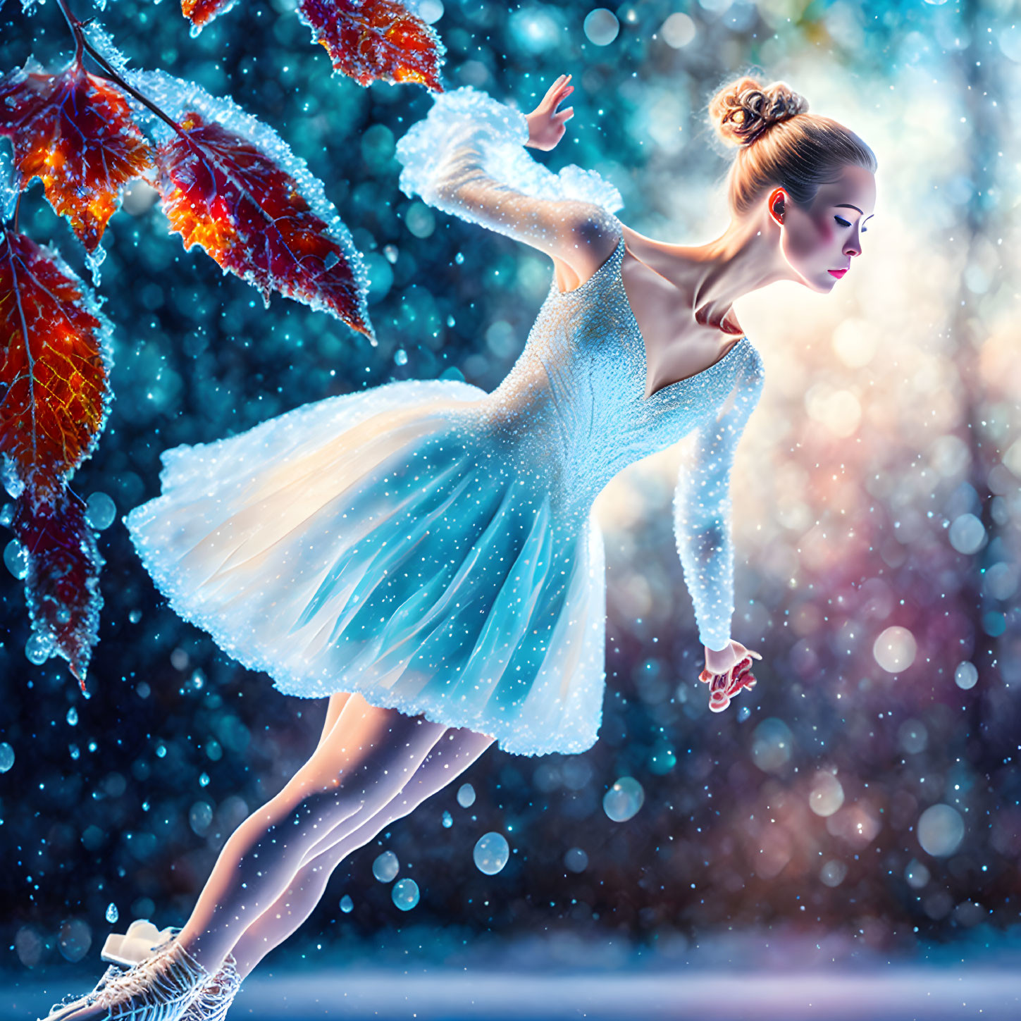 Ballerina in white dress dances in snowflakes and autumn leaves