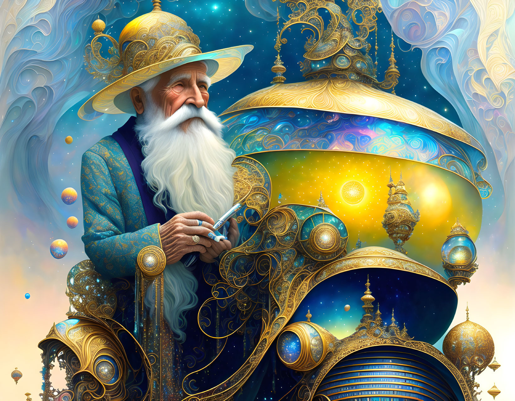 Elderly wizard illustration in golden robes with magical staff