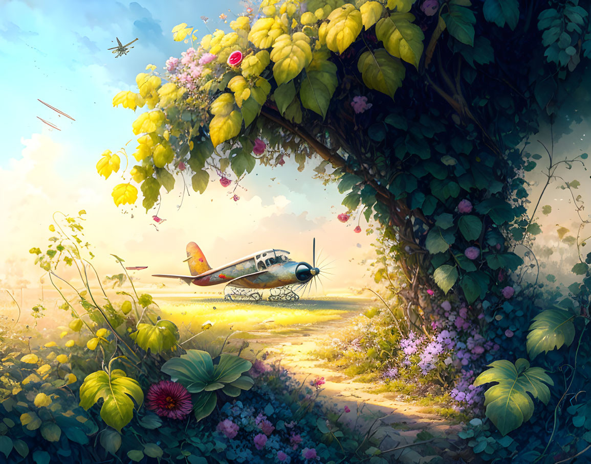 Colorful painting: airplane under floral archway