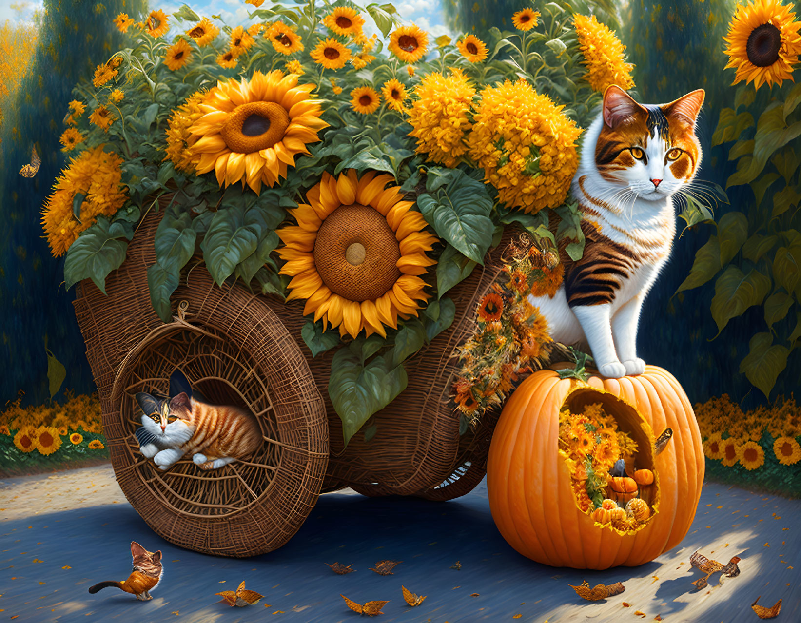 Two cats with sunflower backdrop and butterflies on wicker basket and carved pumpkin.