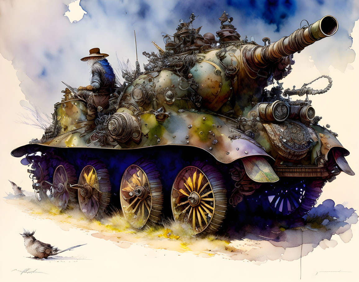 Steampunk-style tank with gears, cannon, and figure in top hat in watercolor effect