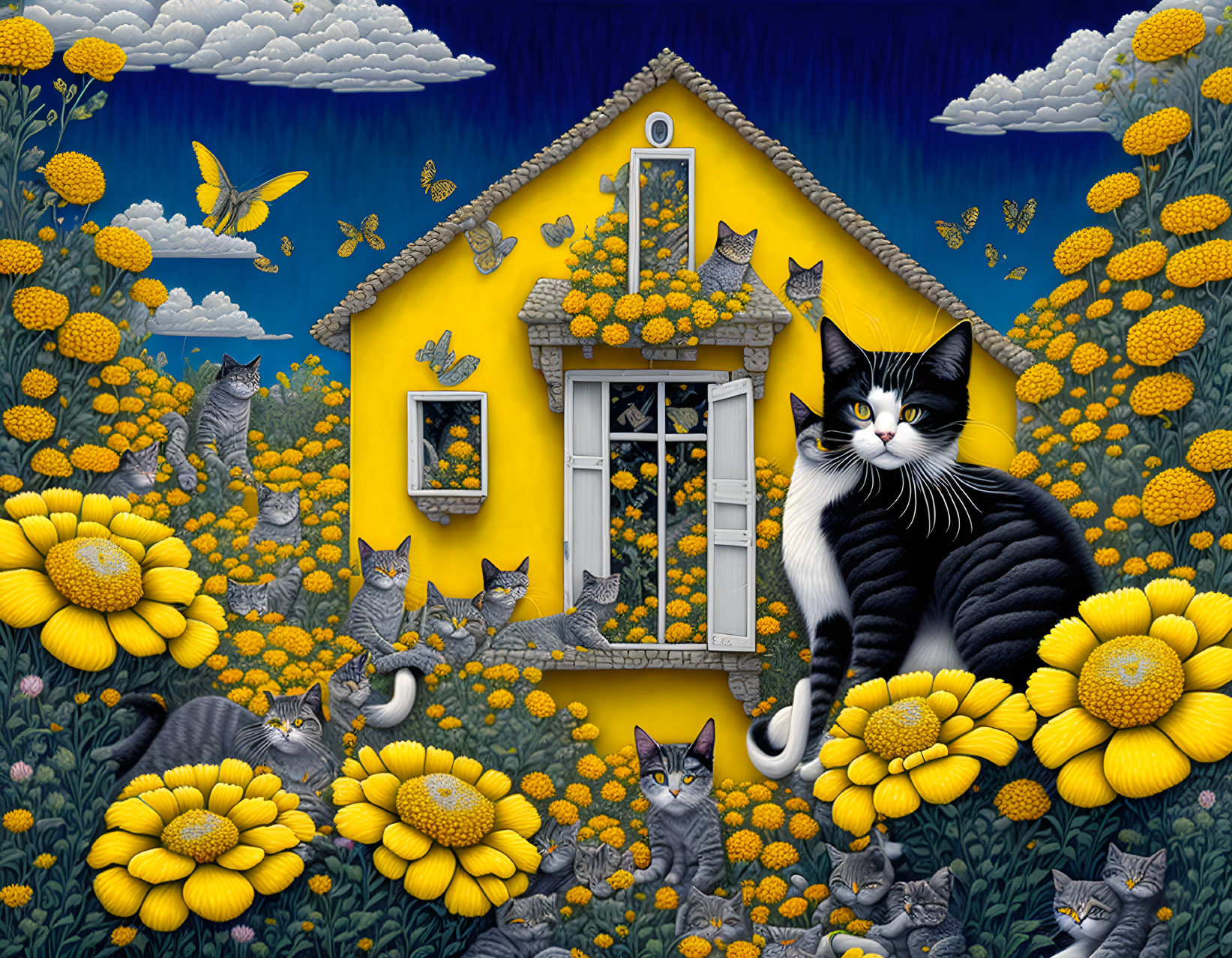 Colorful Cat and Sunflower Scene with Yellow House and Starry Sky