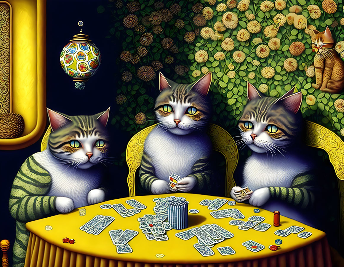 Three Cats Playing Cards on Yellow Table with Floral Backdrop