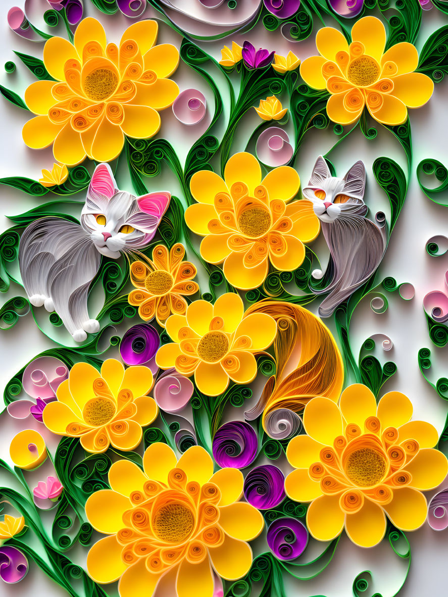 Grey and White Cats Surrounded by Yellow Paper Quilled Flowers and Green Foliage