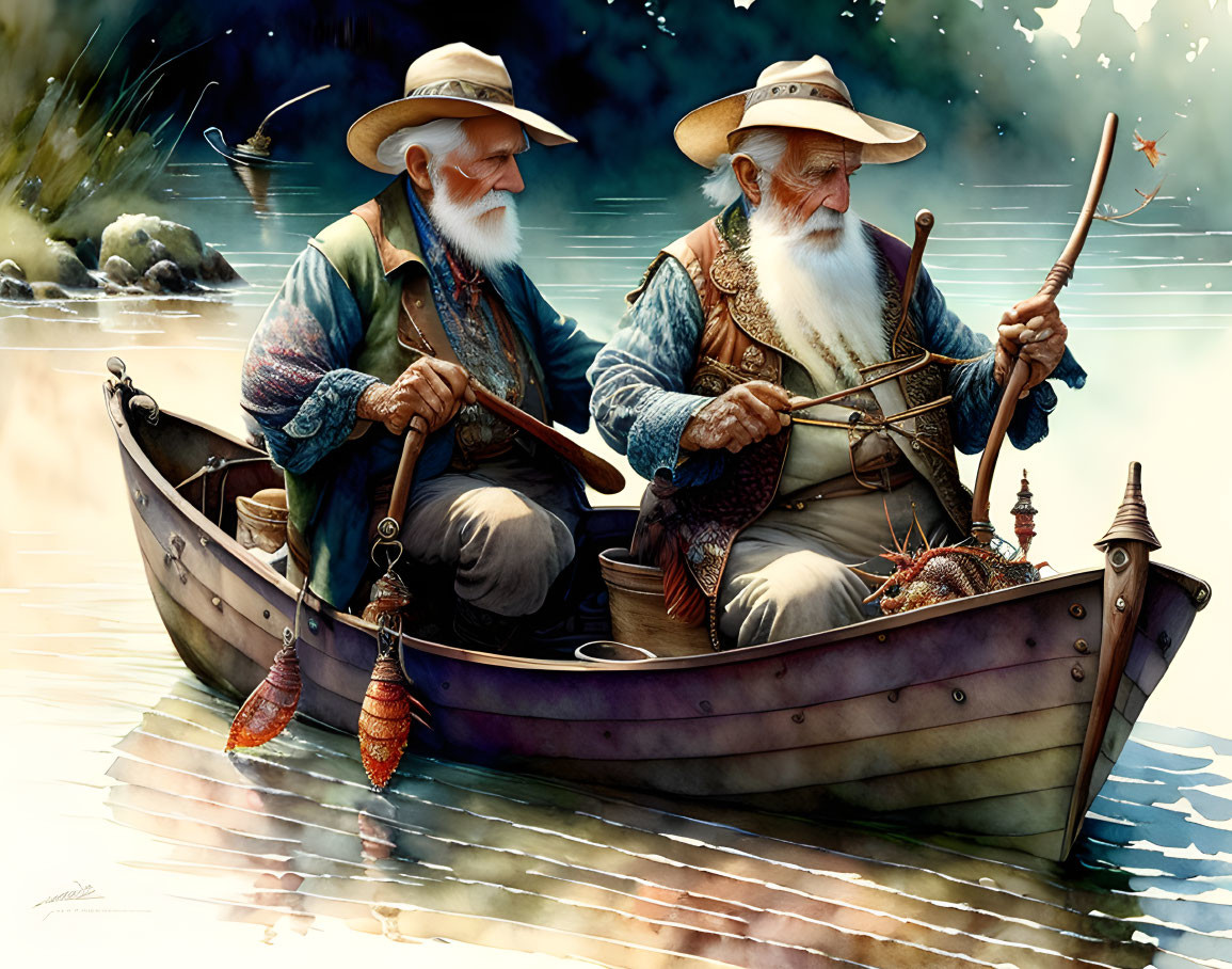 Elderly Men Fishing in Boat with Caught Fish and Basket