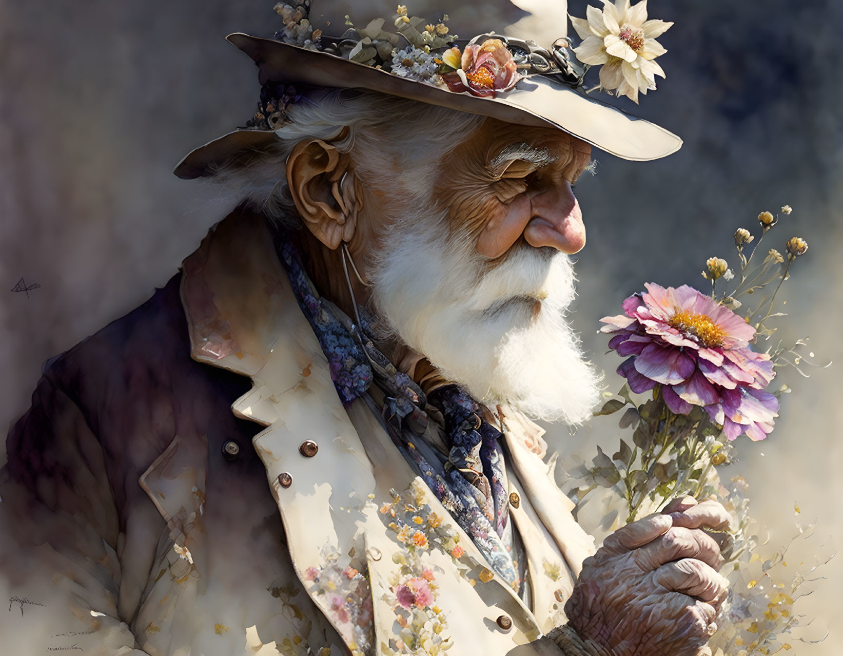 Elderly person with white beard holding bouquet in floral attire against misty background