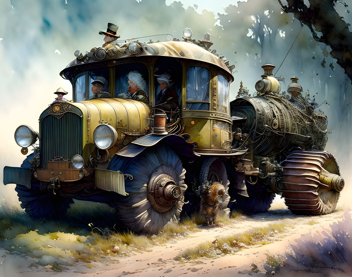 Vintage Steampunk Vehicle Illustration with Large Tires and Passengers