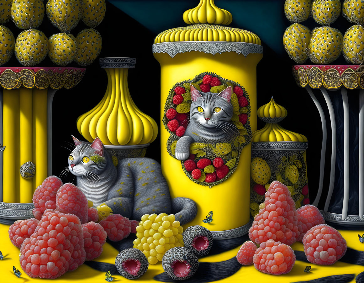 Two Grey Tabby Cats Surrounded by Berries and Yellow Jar-like Structures