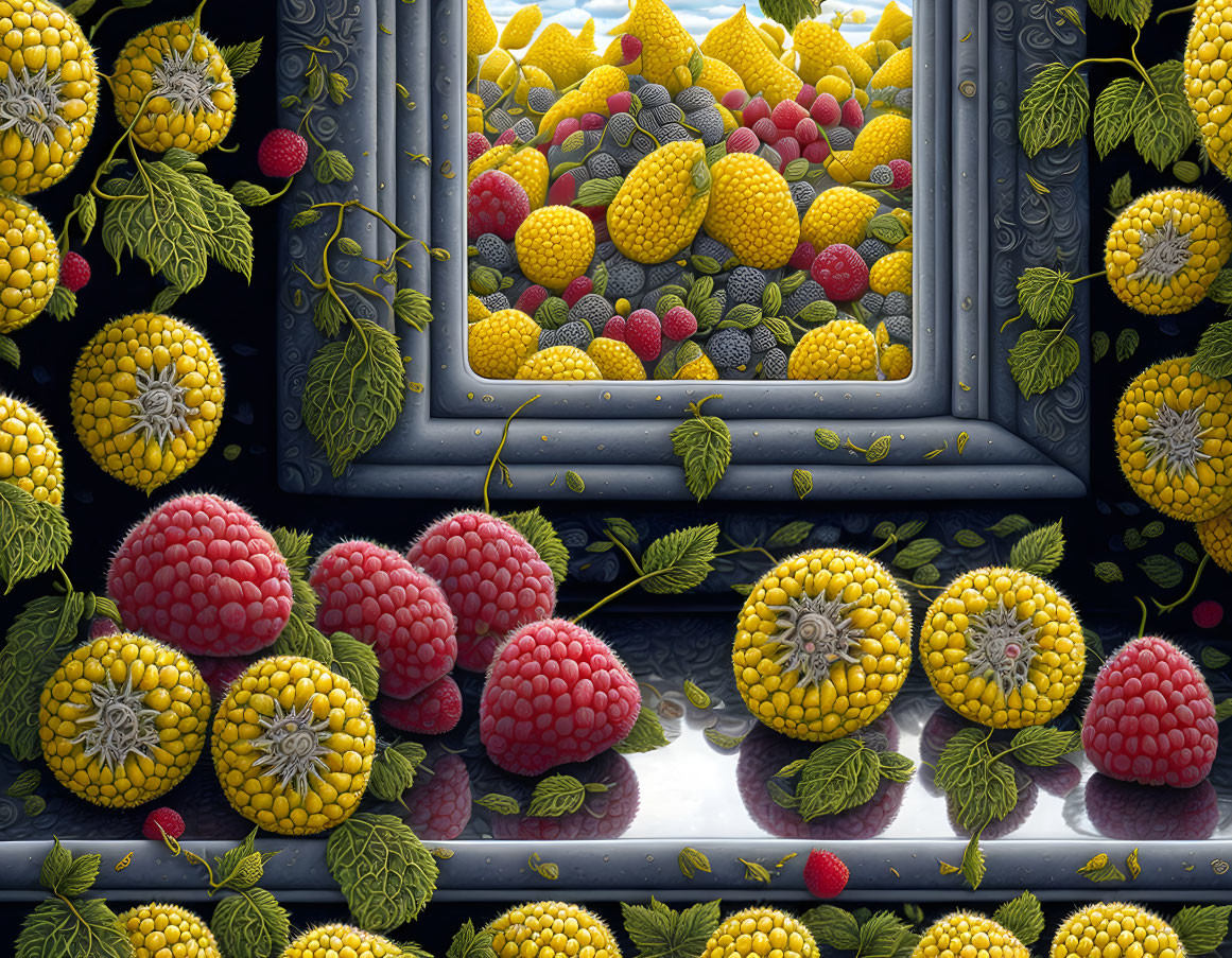 Surreal painting of raspberries, yellow fruits, and leaves on dark background