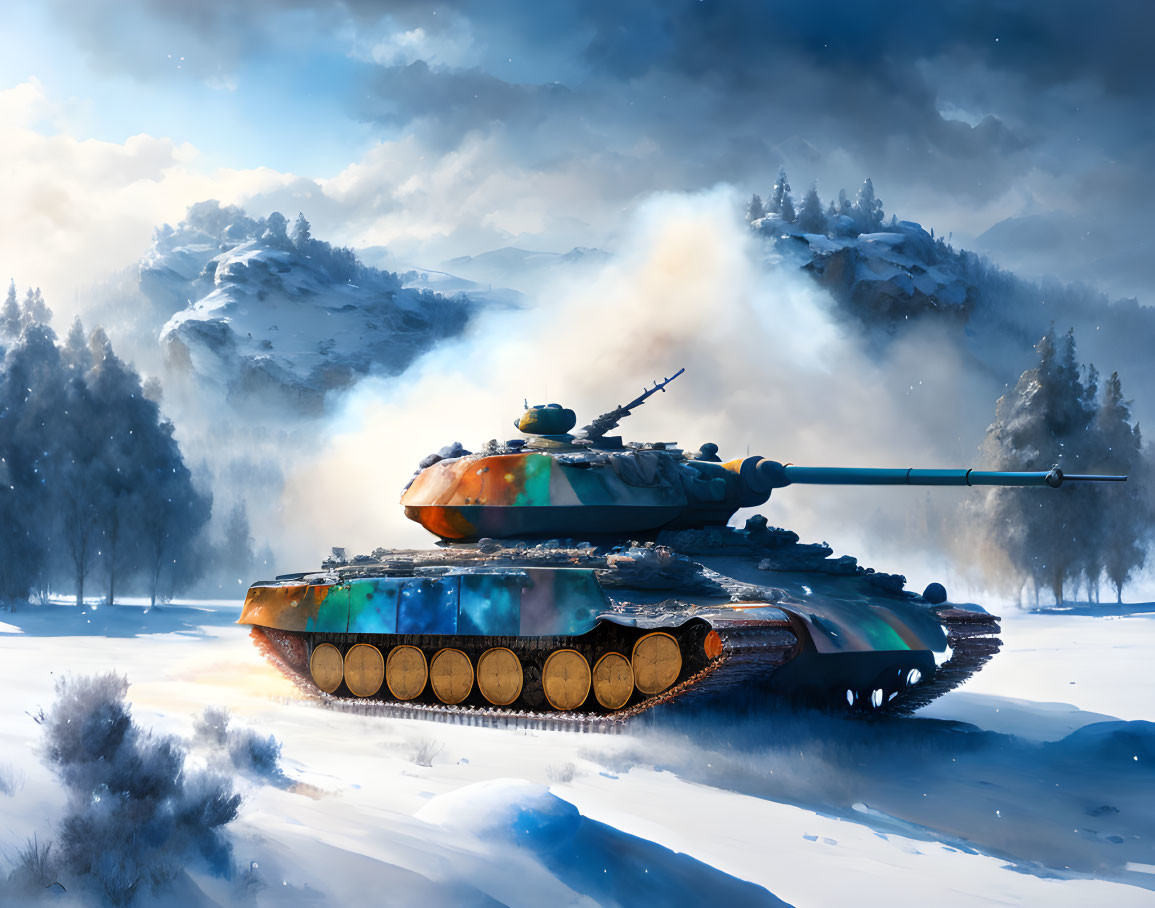 Military tank in snowy landscape with smoke, trees, and mountains.