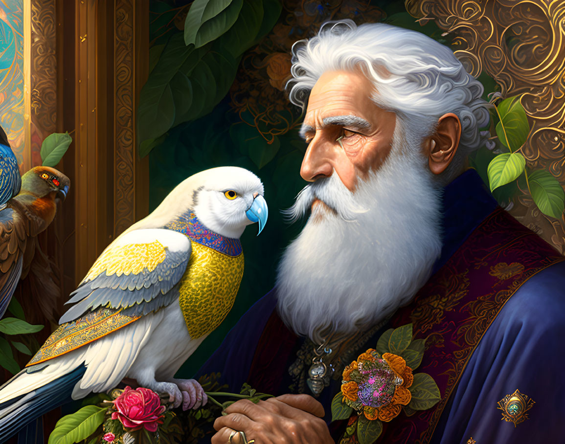 Elderly man in regal attire with white beard and parrot in opulent setting