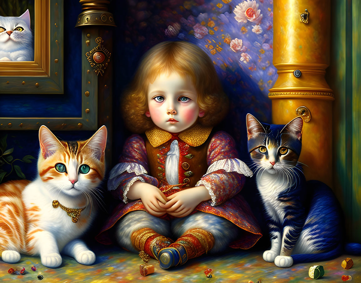 Child with Cats: Antique Details & Vibrant Flowers