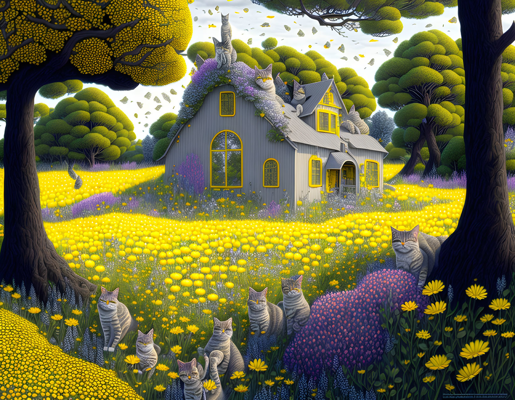 Illustration of cozy house in field with cats and trees