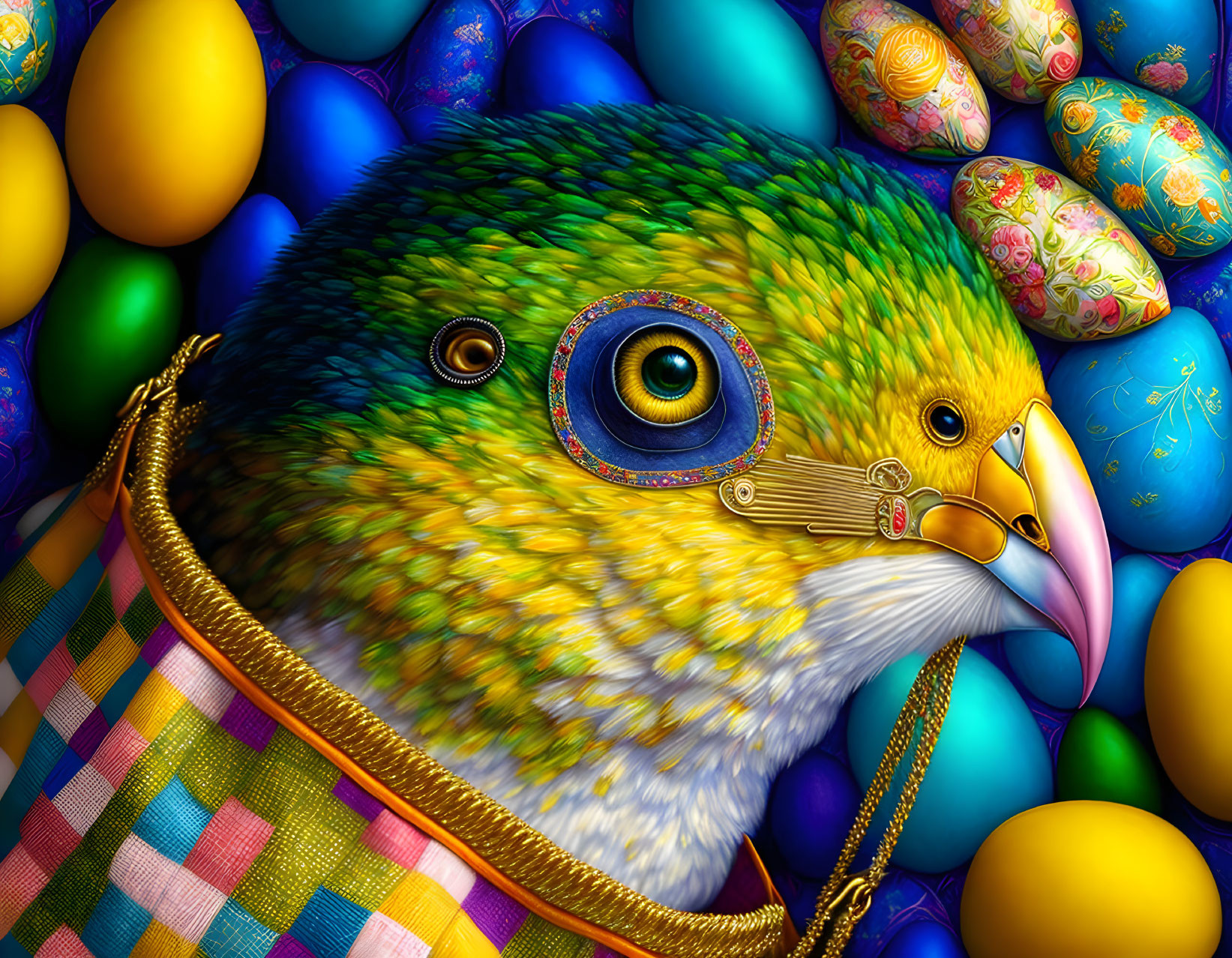 Colorful Bird Artwork with Intricate Feather Patterns and Easter Eggs