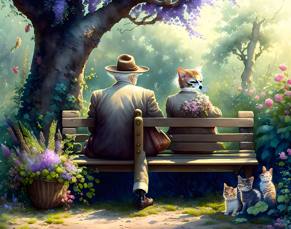 Elderly man and anthropomorphic cat on park bench with kittens and greenery