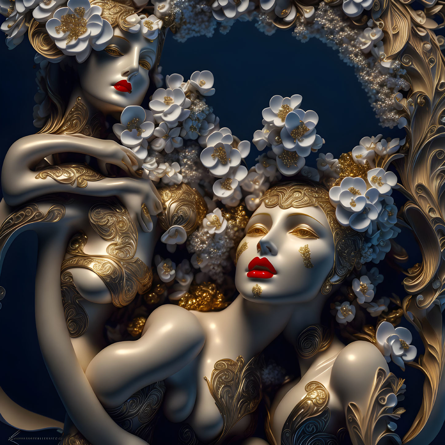 Golden statuesque figures with floral adornments in a dark setting surrounded by white blossoms