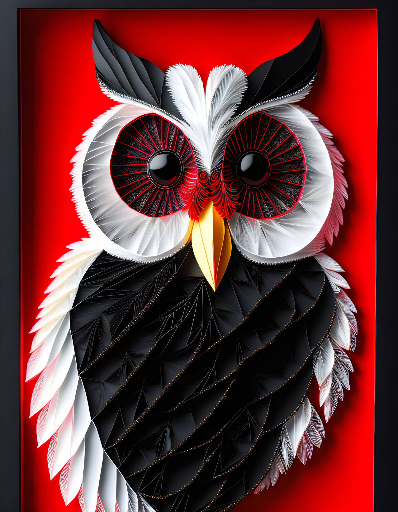 Detailed Paper Owl Art with Red, Black, and White Plumage