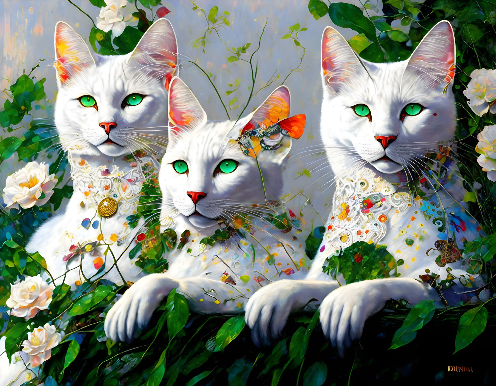 Three white cats with green eyes in ornate collars surrounded by white roses and a butterfly.