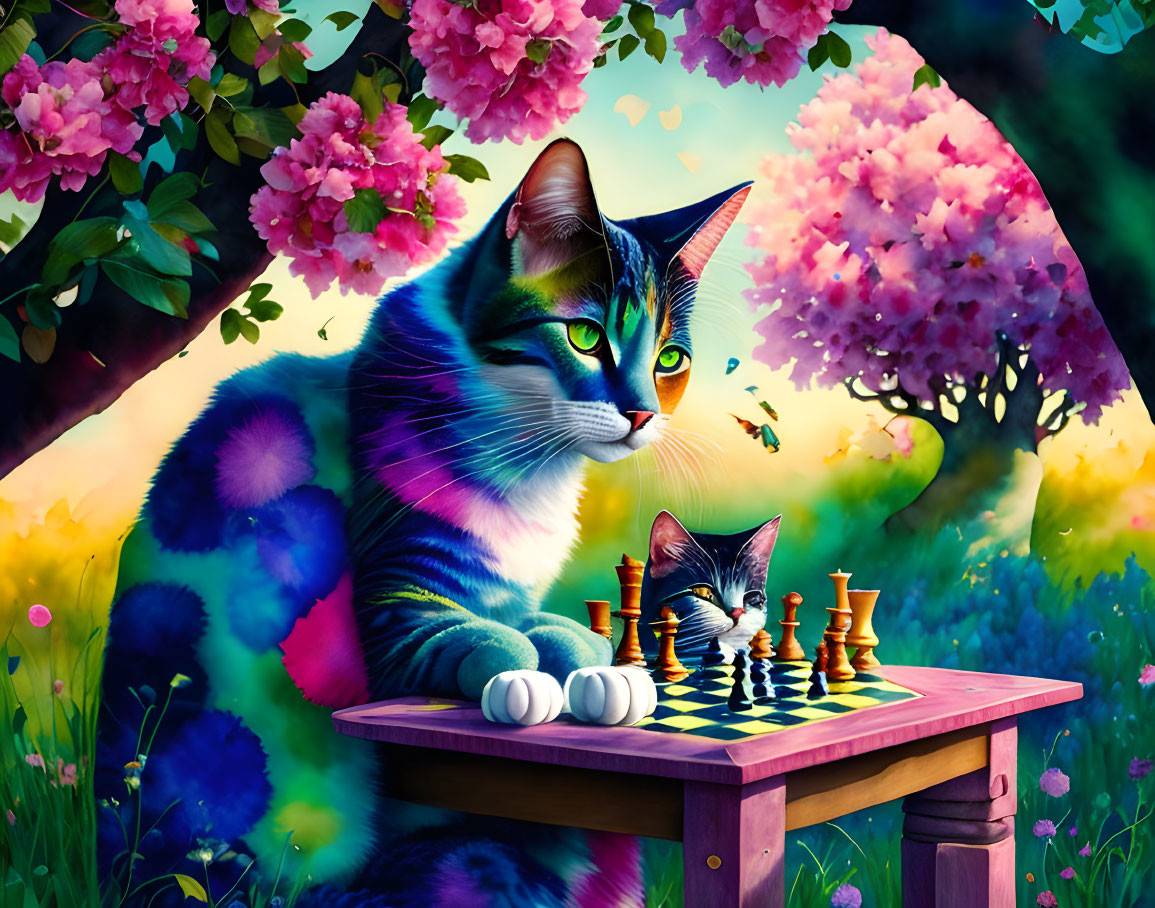 Two cats playing chess under colorful sky among blossoming trees